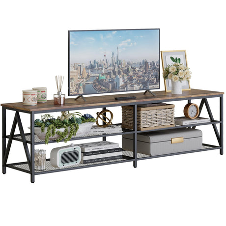 Katrawu TV Stand for TV up to 75 Inch, Long 70" TV Cabinet with 3-Tier Storage Shelves,Entertainment Center TV Console Table for Living Room with Industrial TV Metal Frame, Rustic Brown Katrawu