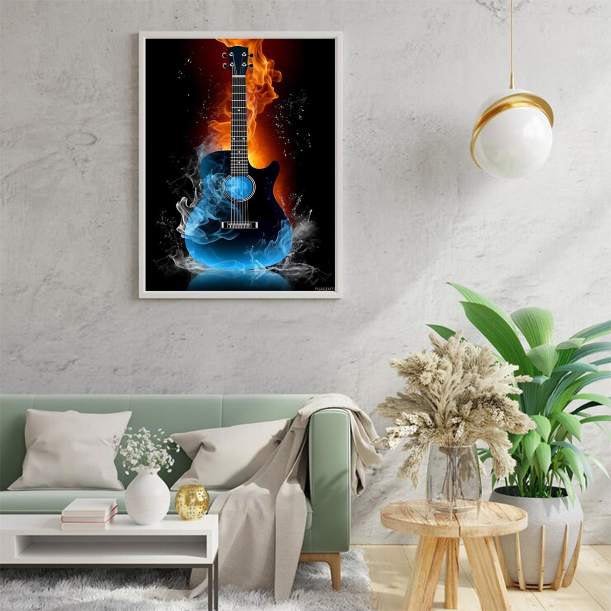 PUAGEMTI Round Full Music Diamond Painting Kits DIY Ice and Fire Guitar Diamonds Art Guitar Crystal Rhinestone Cross Stitch for Home Wall Decor, Diamond Art 12x16 inch PUAGEMTI