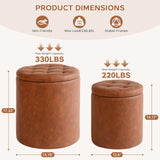 Round Ottoman with Storage Set of 2, Faux Leather Button Tufted Storage Ottoman, 14.76"L x 14.76"W x 17.32"H, Boucle Vanity Stool Footrest Coffee Table for Living Room, Bedroom, Support 300 lbs, Brown oakvivo