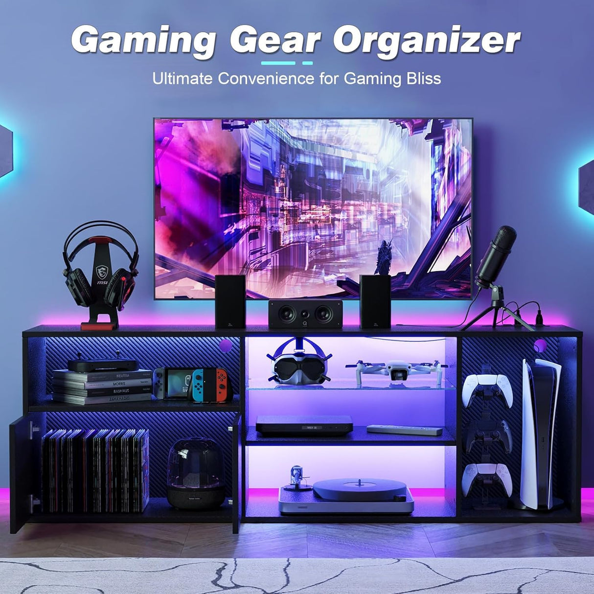 Viplive LED TV Stand for 55/60/ 65 Inch TV, TV Stand Table with PS5 Cabinet & Power Outlet, Black TV Stand for Living Room with Storage Drawer, TV Entertainment Center with RGB Lights for Bedroom Viplive