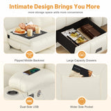 Dresegmt Loveseat Recliner Sofa, Flip Middle Backrest Design PU Leather 3 Seat Reclining Sofa with Storage Drawer, Manual Couch for Living Room (Ivory White, PU) Dresegmt