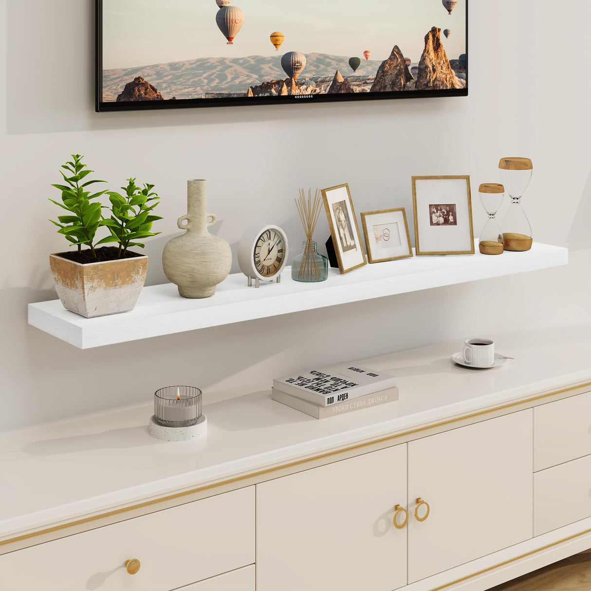 55 Inch Floating Shelf - Rustic Wood Shelves for Wall - 8 Inch Deep Floating Shelves - 55 Inch Fireplace Mantel Shelf - Wall Mounted Wooden Display Shelf- White - Set of 1 Fun Memories