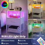 Yoobure White Night Stand with Charging Station, LED Nightstand for Bedroom, Bedside Tables with Adjustable Fabric Drawer, 3-Tier End Table Living Room, Small Side Table with Storage Yoobure