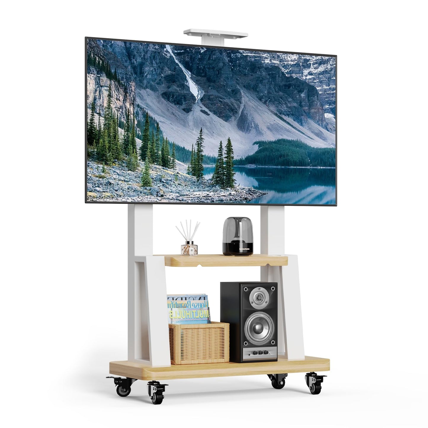 Mobile TV Stand Rolling TV Cart with Wheels for 32-75 Inch Flat/Curved Led/LCD/OLED Portable Floor TV Stand with Shelf, Height Adjustable Heavy-Duty Holds up to 180lbs,Max VESA 600 * 400mm (White)