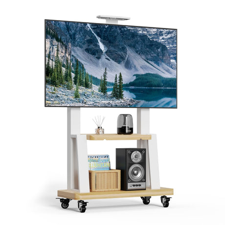 Mobile TV Stand Rolling TV Cart with Wheels for 32-75 Inch Flat/Curved Led/LCD/OLED Portable Floor TV Stand with Shelf, Height Adjustable Heavy-Duty Holds up to 180lbs,Max VESA 600 * 400mm (White) BEISHI