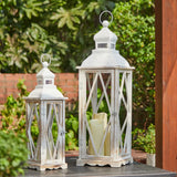 Glitzhome Farmhouse White Wood Metal Lanterns Decorative Hanging Candle Lanterns Set of 2 Glitzhome
