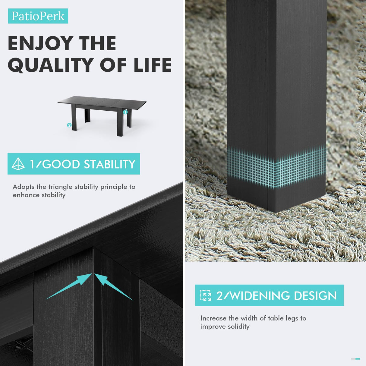 PatioPerk Extendable Dining Room Table for 6-10 Person, Plank and Beam Farmhouse Large Rectangular Kitchen Tables for Living Meeting Room (Black) PatioPerk