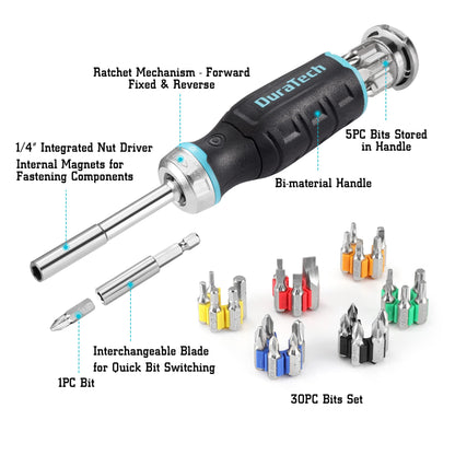 DURATECH Multi-bit Ratcheting Screwdriver, 38-Piece Magnetic Screw Drivers with Bits Storage Handle, Slotted/Philips/Pozi/Torx/Hex/Square - WoodArtSupply