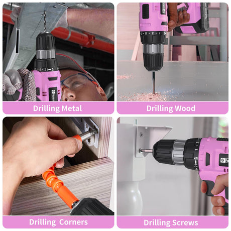 FADAKWALT Cordless Drill Set, 20V Electric Power Drill with Battery And Charger, Torque 30N, 21+1 Torque Setting, 3/8-Inch Keyless Chuck, Drill Driver Bits Kit, with LED Electric Drill Set. （Pink) FADAKWALT