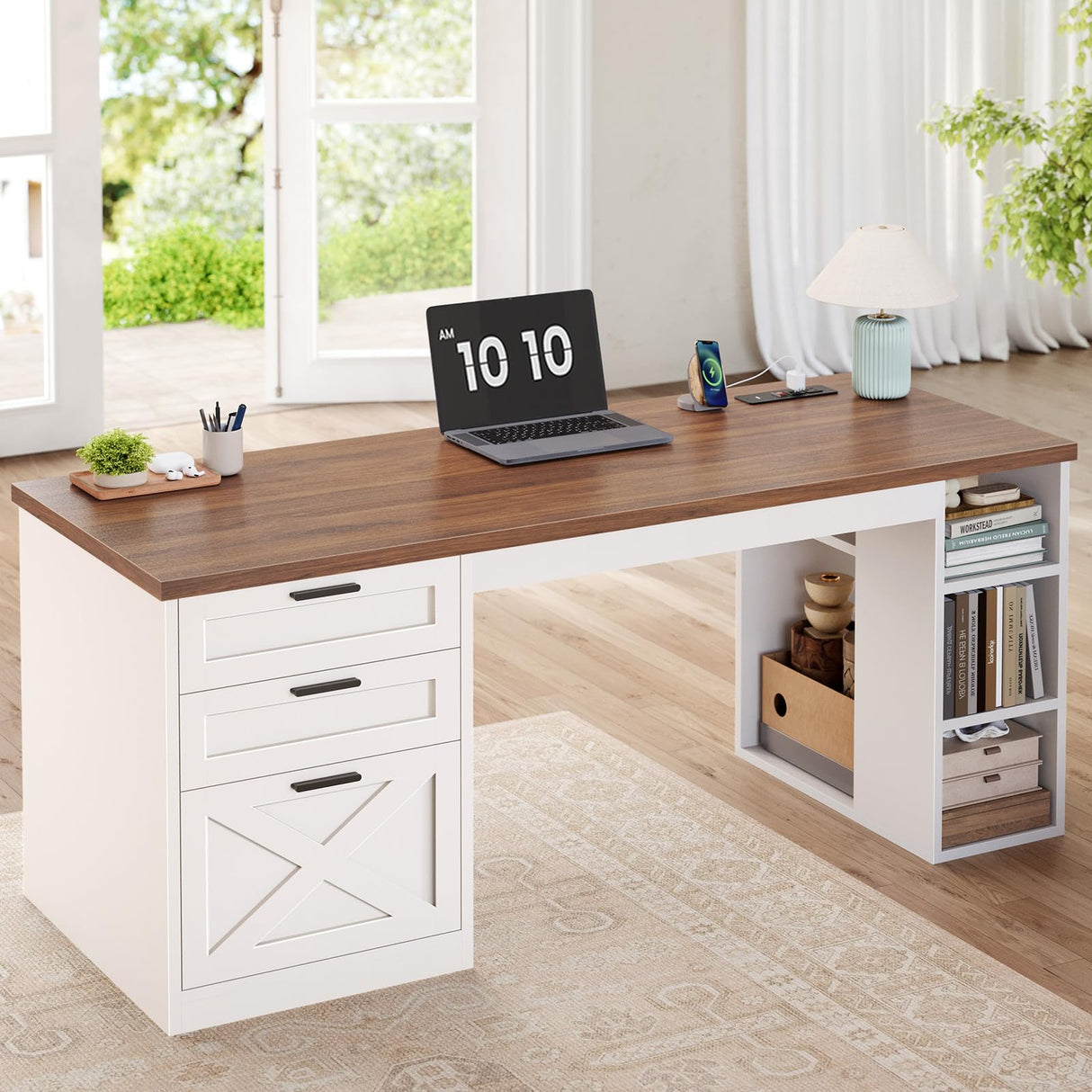 SEDETA 55.1" Farmhouse Office Desk with 3 Drawers, Executive Desk with File Drawer & Storage Shelves, Computer Desk with Power Outlet for Home Office, White and Brown SEDETA