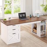 SEDETA 55.1" Farmhouse Office Desk with 3 Drawers, Executive Desk with File Drawer & Storage Shelves, Computer Desk with Power Outlet for Home Office, White and Brown SEDETA