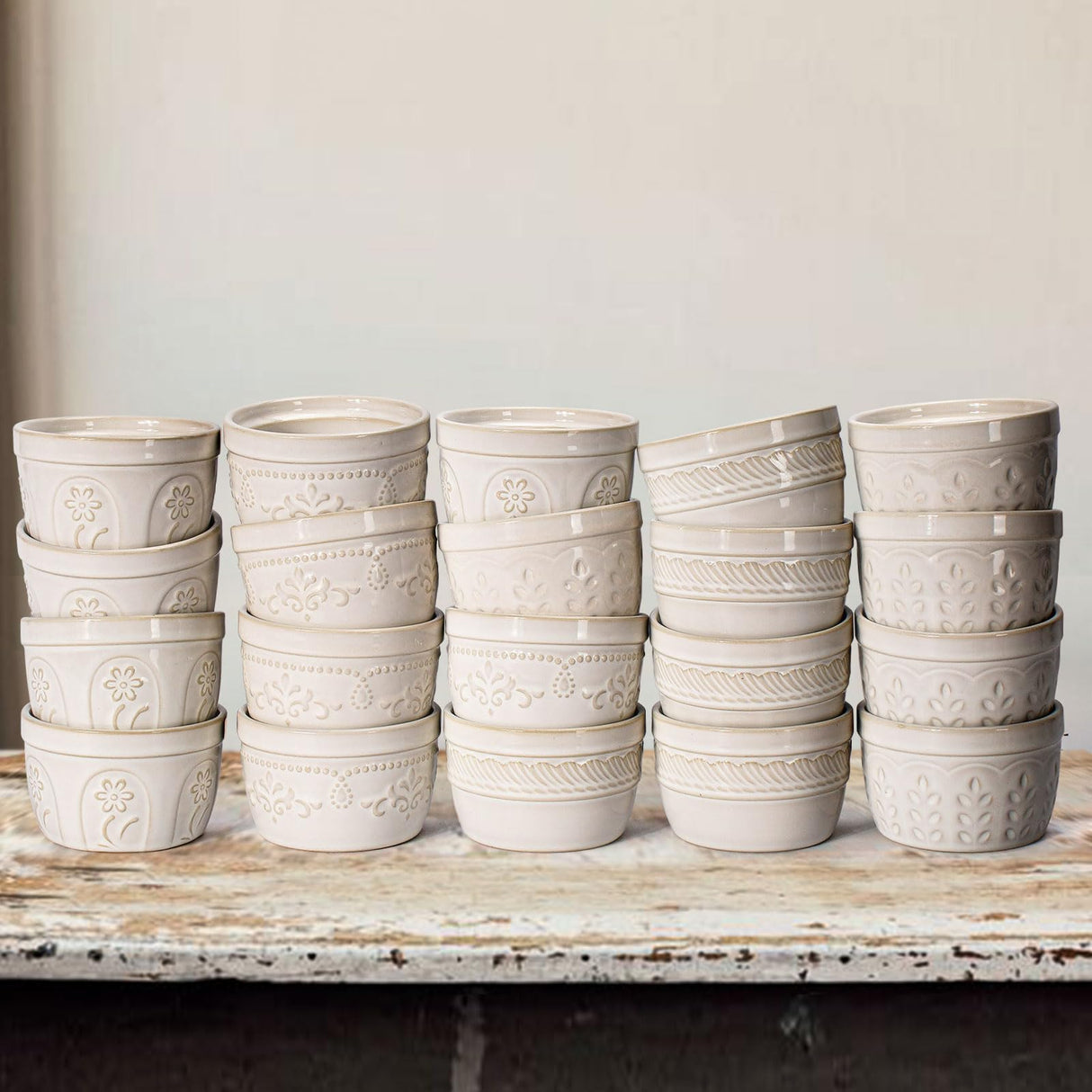 Artena Ramekins, Ramekins Oven Safe, Creme Brulee Ramekins, Embossed White Ceramic Ramiken, Souffle Pudding Custard Cups, Baking Dish, Dipping Bowls, Sauce Cups, Set Of 4 (Pinwheel Flower, 8 oz) Artena