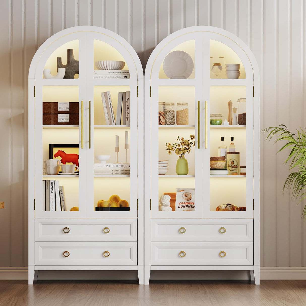 EOAWE Arched Curio Cabinet with Glass Doors, 4-Tier Display Cabinet with 2 Drawers, Tall Bookcase with 3 Color Lights, Display Case, Kitchen Pantry (White) EOAWE