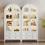 EOAWE Arched Curio Cabinet with Glass Doors, 4-Tier Display Cabinet with 2 Drawers, Tall Bookcase with 3 Color Lights, Display Case, Kitchen Pantry (White) EOAWE