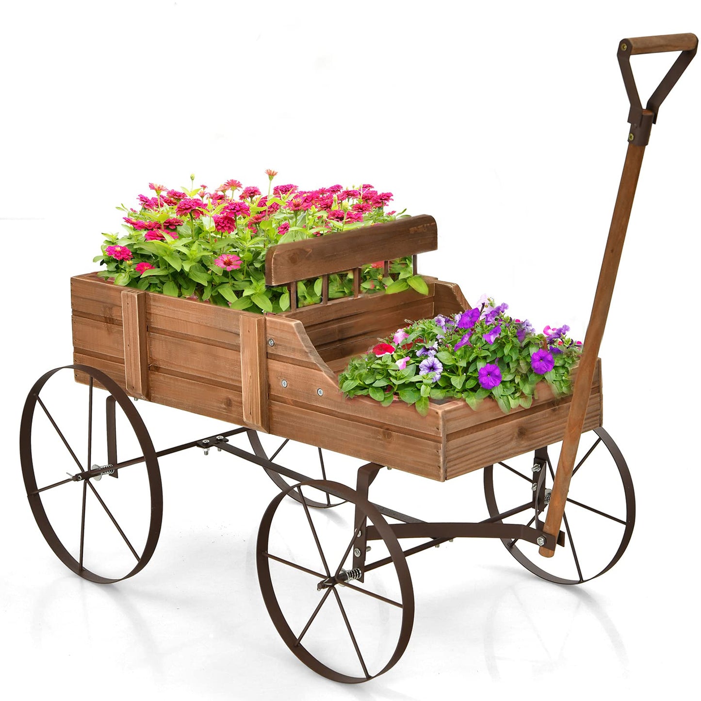 Giantex Decorative Garden Planter, Small Wagon Cart with Metal Wheels, Wood Raised Beds Plant Pot Stand for Backyard Garden Patio 24.5"x13.5"x24" (Natural)