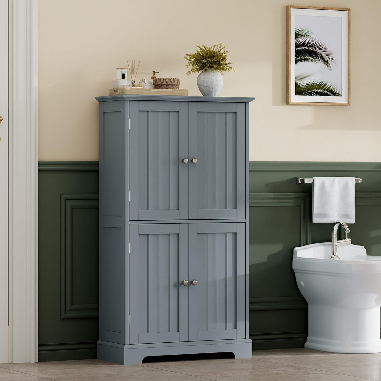 ChooChoo Bathroom Floor Cabinet, Modern Bathroom Storage Cabinet with 4 Doors and Adjustable Shelves, Freestanding Cupboard for Living Room, Grey ChooChoo