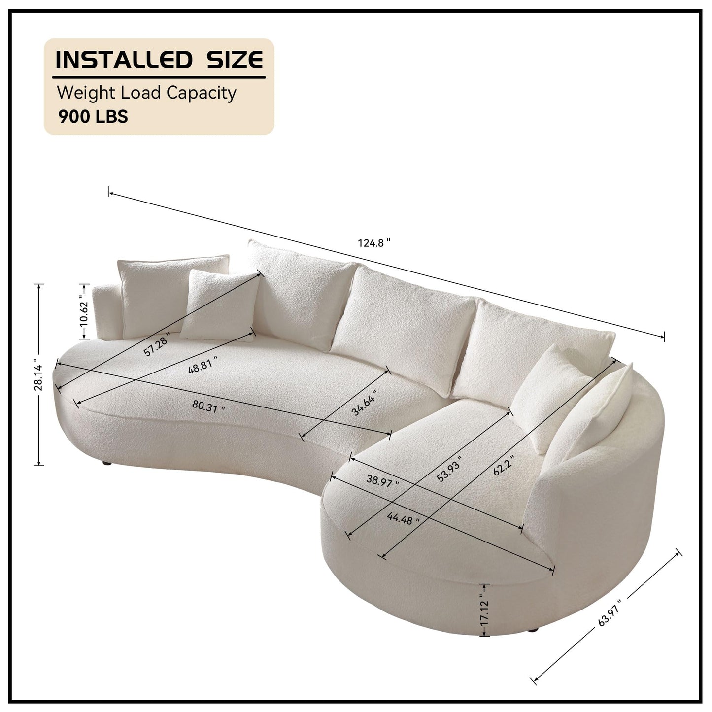 WILLIAMSPACE 124.8" Modern Curved Sofa Couch, Upholstery Boucle Sofa Couch with Pillows, Right Hand Facing Sectional Boucle Fabric Couch for Living Room (Right-Facing,Light Cream)