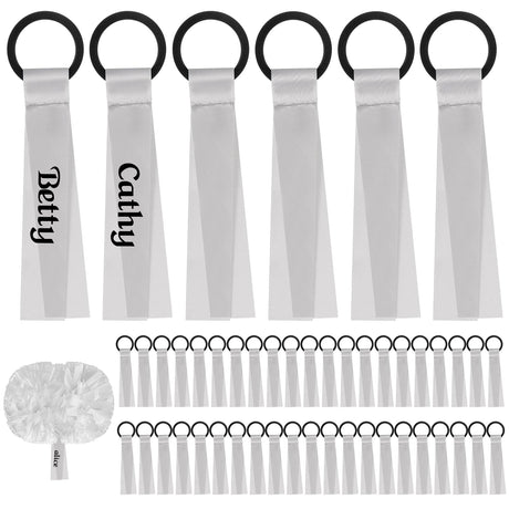VAIPI 48 Pcs Cheerleader Pom Poms Name Tags Cheerleading Name Tags Ribbon Sublimation Blank Cheer Pom Tags Travel Suitcases Labels for Backpack Keychains (Silver) VAIPI