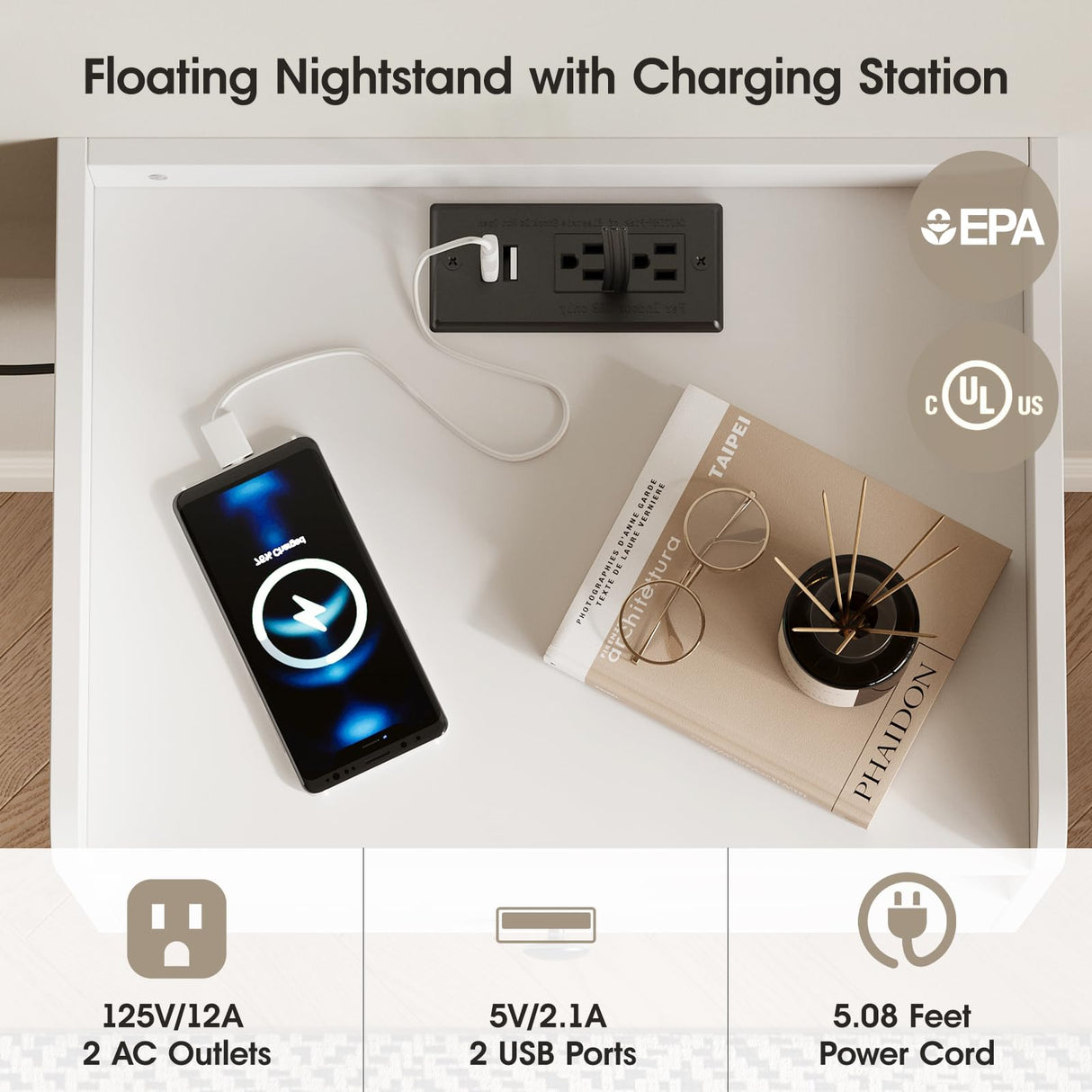 Floating Nightstand Set of 2 with Charging Station Modern Night Stand for Bedroom with Drawer Small Bedside End Table with Outlet Wood Wall Mounted Nightstands Set 2White HOSEOKA