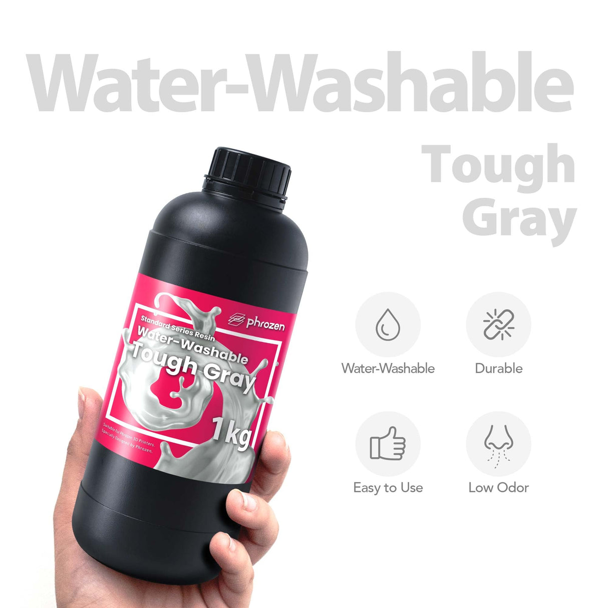 phrozen 3D Printer Water-Washable Rapid Resin [Tough Gray], 405nm LCD UV-Curing Photopolymer Resin, Strong Impact Resistance, High Flexibility, Low Odor, Non-Brittle, Easy to Clean and Cure (1KG) phrozen