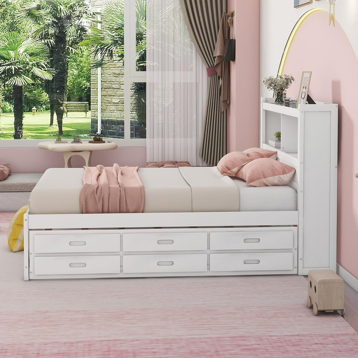 Harper & Bright Designs Full Size Bed with Bookcase Headboard, Wooden Full Size Platform Bed with Trundle and Storage Drawers,Full Storage Bed with USB Ports Outlets for Kids Girls Boys, White Harper & Bright Designs