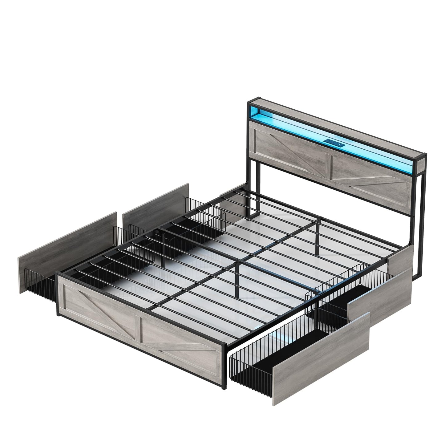 Halitaa Full Size Metal Bed Frame with LED Lights, Charging Station & 4 Storage Drawers in Wash Grey - WoodArtSupply