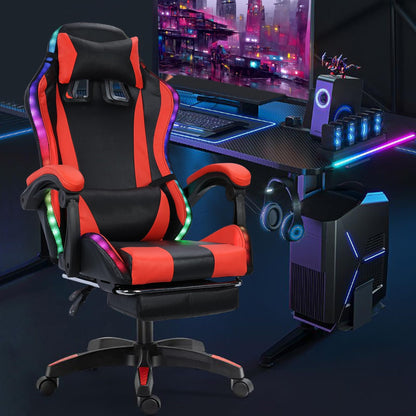 Gaming Chair Bluetooth Speakers RGB LED Lights Office Chair High Back Computer Chair Leather Desk Chair with Footrest Adjustable Swivel Video Game Chair with Headrest and Massage Lumbar Support (Red)