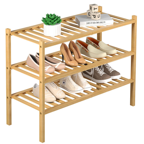 ROMGUAR CRAFT 3 Tier Bamboo Shoe Rack for Closet Free Standing Wood Shoe Shelf Storage Organizer for Entryway Small Space Stackable 27"x11"x20" (Natural) ROMGUAR CRAFT