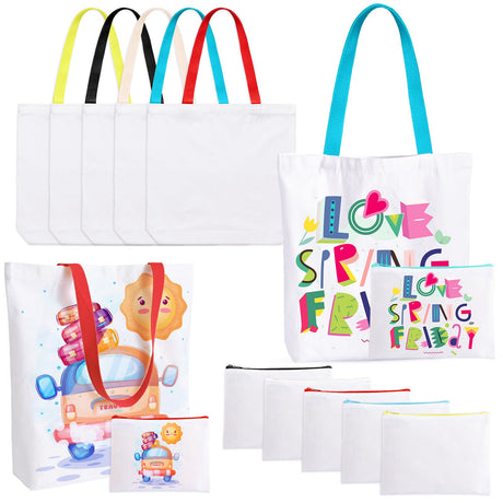 OLSUNOR 10 Pack Sublimation Tote Bags Bulk, Sublimation Blanks Canvas Tote Bags Cosmetic Makeup Bags, Reusable Colorful Widen Grocery Canvas Shopping Bags For DIY, Halloween, Thanksgiving Craft Gift OLSUNOR