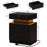 LIKIMIO Nightstand with Charging Station, Night Stand with Storage and LED Lights, Bedside Table with 3 Drawers, USB and Lock, Modern End Table for Bedroom LIKIMIO