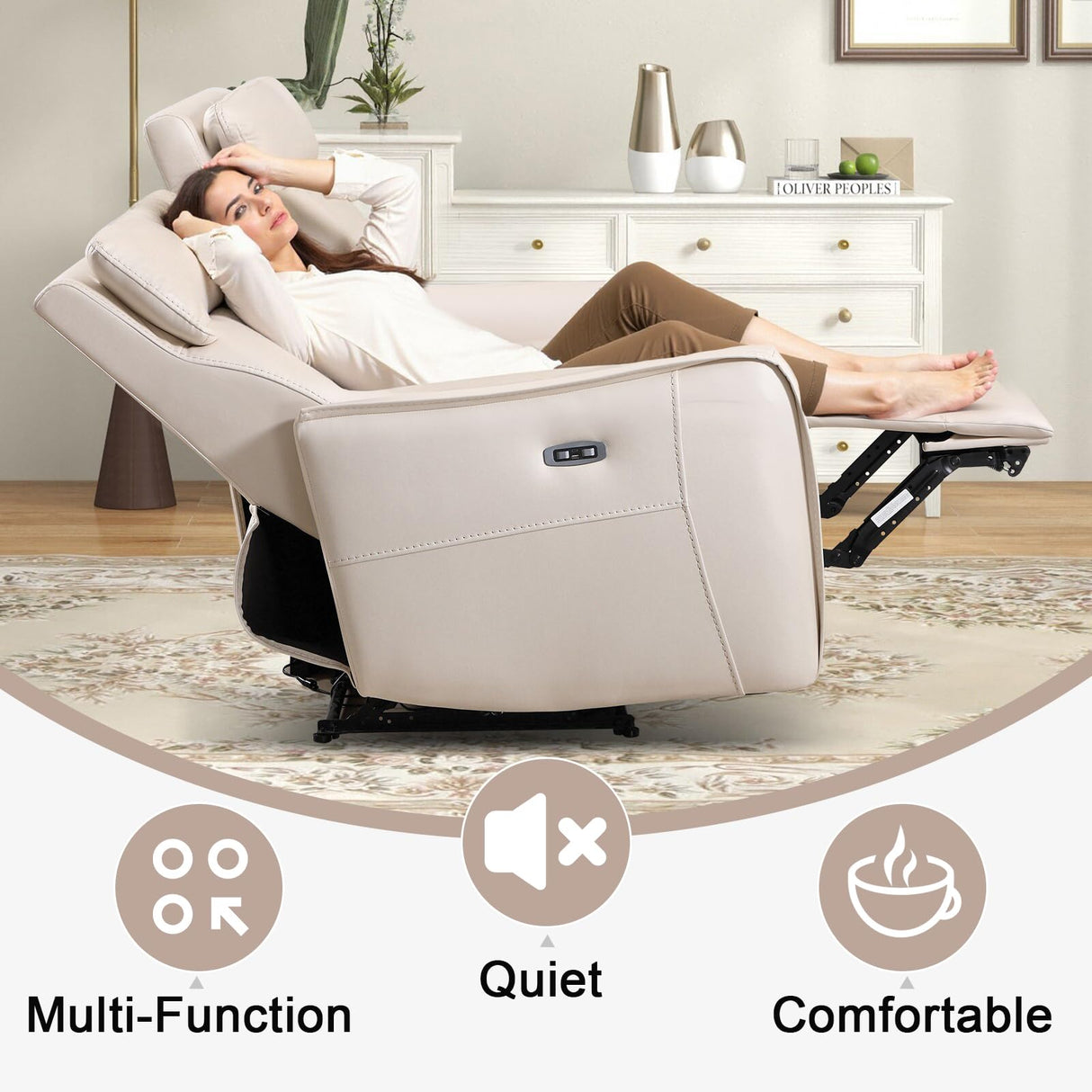 EBELLO Faux Leather Power Reclining 3 Seat Sofa Couch, Electric Recliner Sofa with USB and Type-C Charging Ports,Metal Base, 3 Seats for Small Living Room,Beige EBELLO