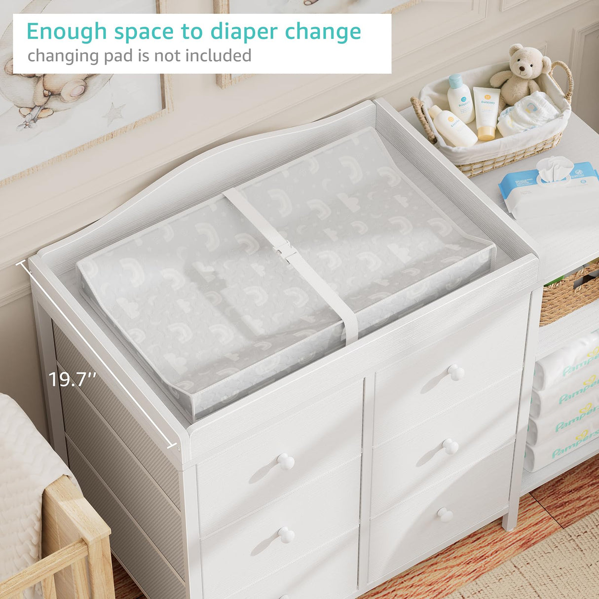 BOLUO Baby Dresser with Changing Table Top, White Changing Table Dresser with 6 Fabric Drawers Diaper Changing Station with Storage Shelf for Nursery Modern BOLUO