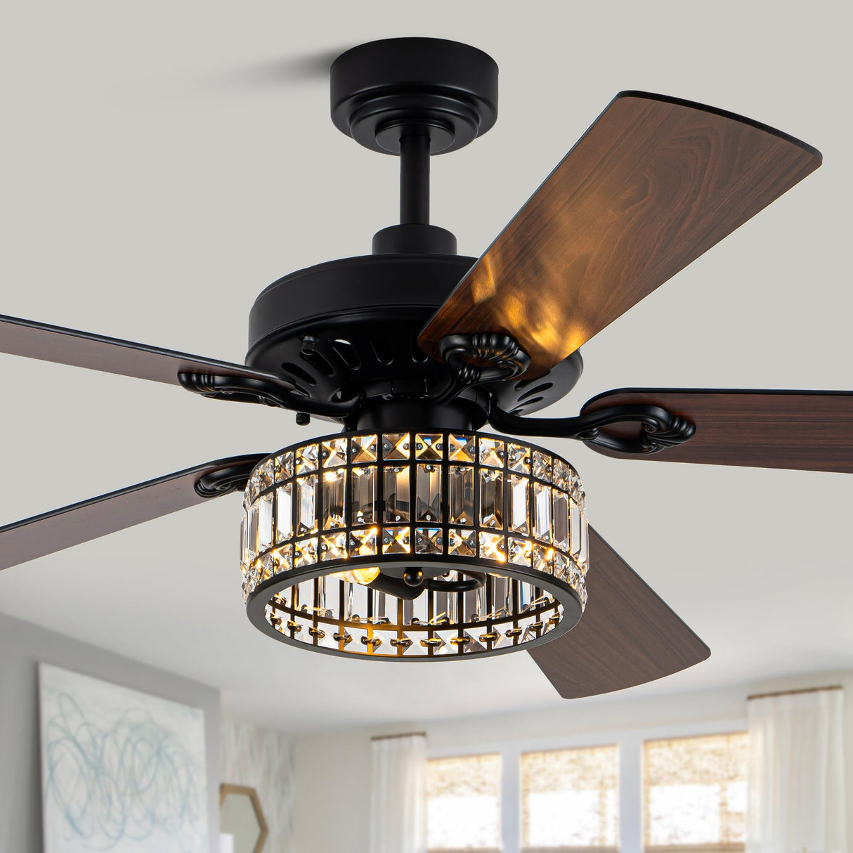 Curve Curio 52 Inch Chandelier Fan Crystal Farmhouse Ceiling Fan with Light Quiet and Reversible DC Motor for Living Room Bedroom Patio Curve Curio