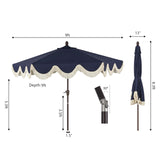 JONATHAN Y UMB1001D Collins 9 ft. Classic Cottage Tassel Market Patio Umbrella with Auto-Tilt, Crank, Wind Vent and UV Protection in Navy/Cream JONATHAN Y