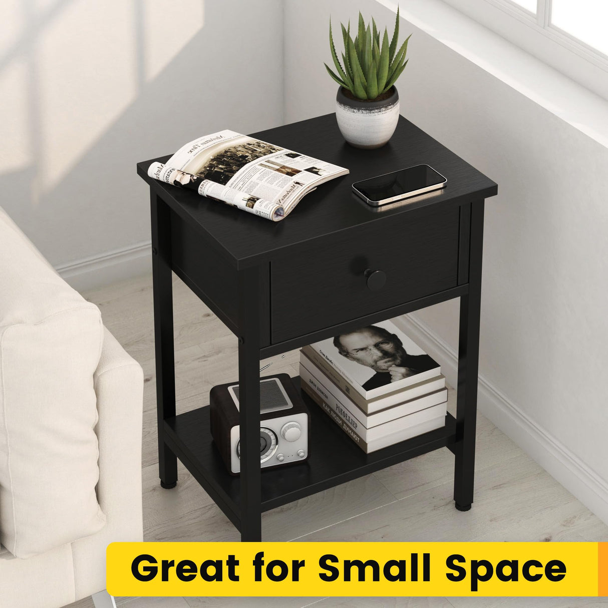 Nightstands Set of 2 with Drawers, Bedside Table Set of 2 with Storage Shelf, Heavy Duty End Side Table for Living Room Bedroom Small Space Sofa Couch, Wood Metal Night Stand, Easy to Assemble, Black CALERTAIN