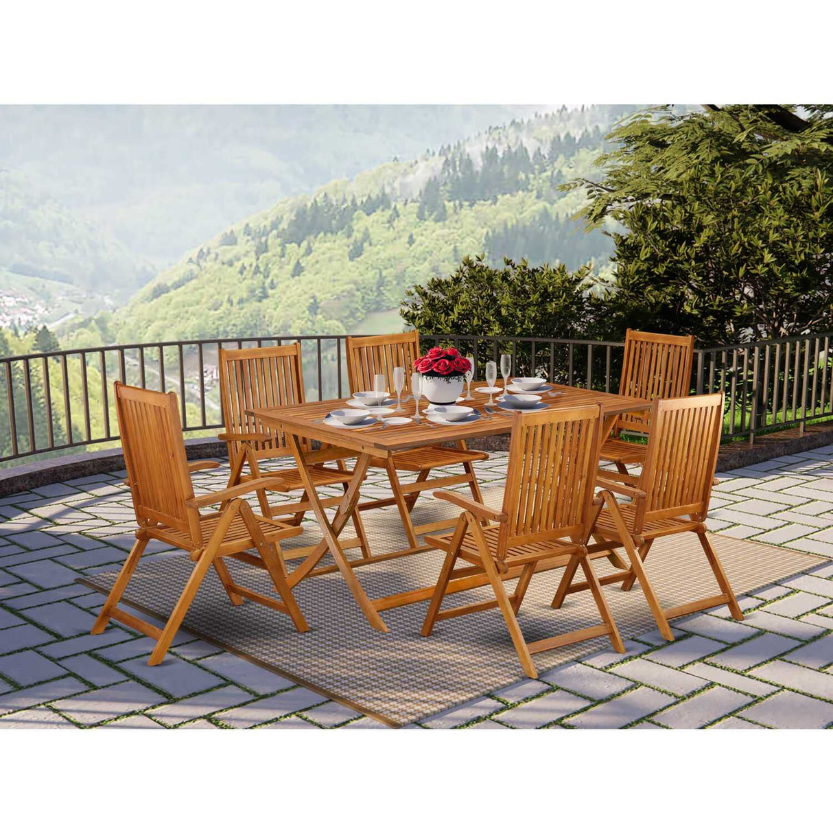 East West Furniture AECN7C5NA Avondale 7 Piece Outdoor Patio Dining Sets Consist of a Rectangle Acacia Wood Table and 6 Folding Adjustable Arm Chairs, 36x60 Inch, Natural Oil East West Furniture