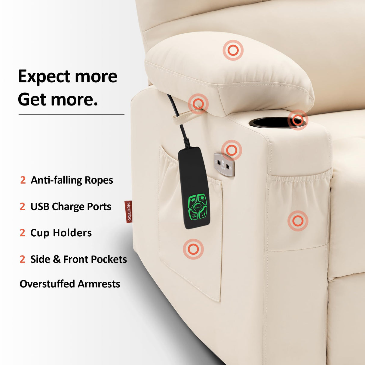 MCombo Medium Lay Flat Dual Motor Power Lift Recliner Chair Sofa with Massage and Heat for Elderly People, Infinite Position, Faux Leather 7679 (Cream White, Medium) MCombo