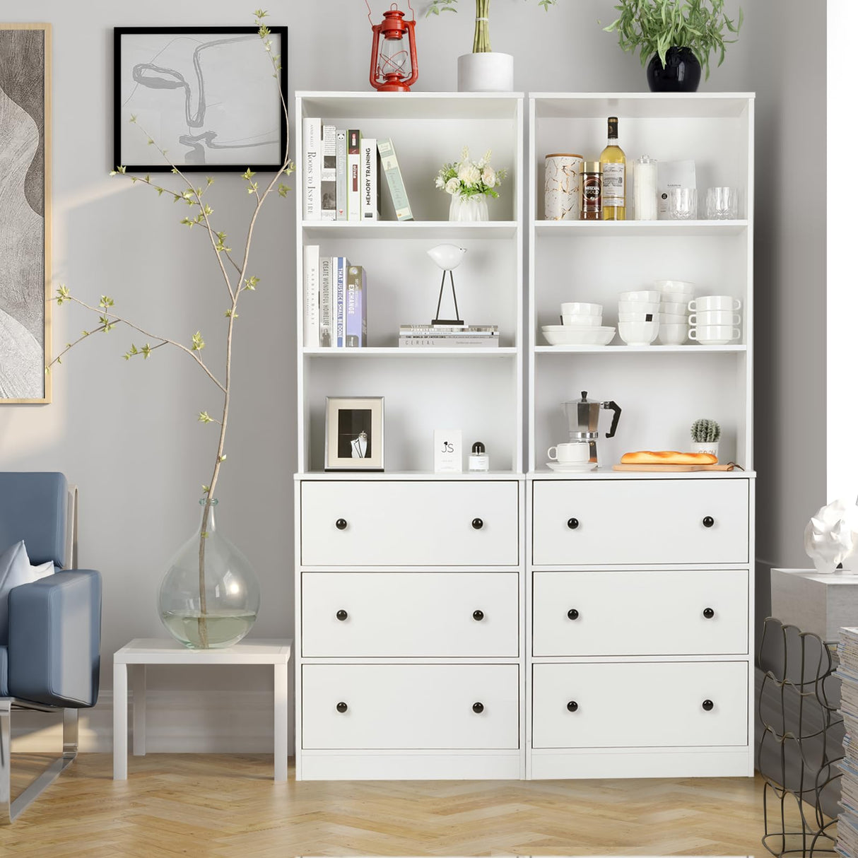 VOWNER Vertical File Cabinet, 3-Tier Modern Bookshelf with 3 Large Drawer, Wood Filing Cabinet with Open Storage Shelf, Glass Doors and Adjustable Shelves for Home Office, White (A) VOWNER