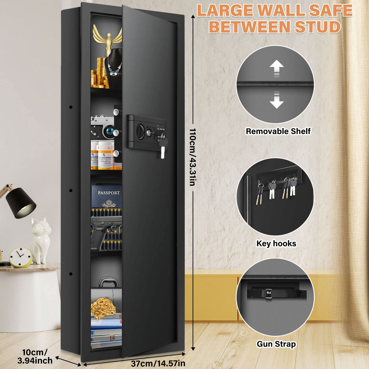 43.3-inch Tall Fireproof Wall Safes Between the Studs, Large Home Wall Safe with Combination Lock and Removable Shelf, Security Wall Safes for Home Firearm Money Valuables Tiskgg