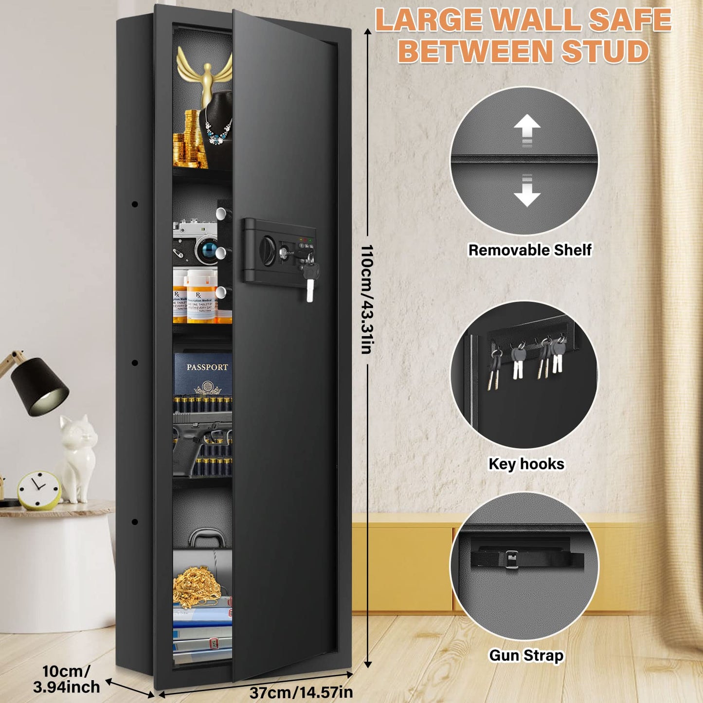 43.3-inch Tall Fireproof Wall Safes Between the Studs, Large Home Wall Safe with Combination Lock and Removable Shelf, Security Wall Safes for Home Firearm Money Valuables