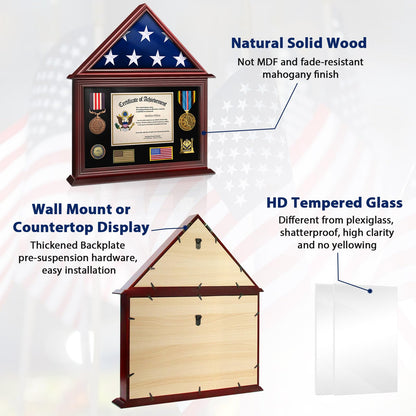 ASmileIndeep Flag Display Case Box for Folded 3'x5' American Veteran Flag Solid Wood Military Flag Certificate Shadow Box with Wall Mount Display - WoodArtSupply