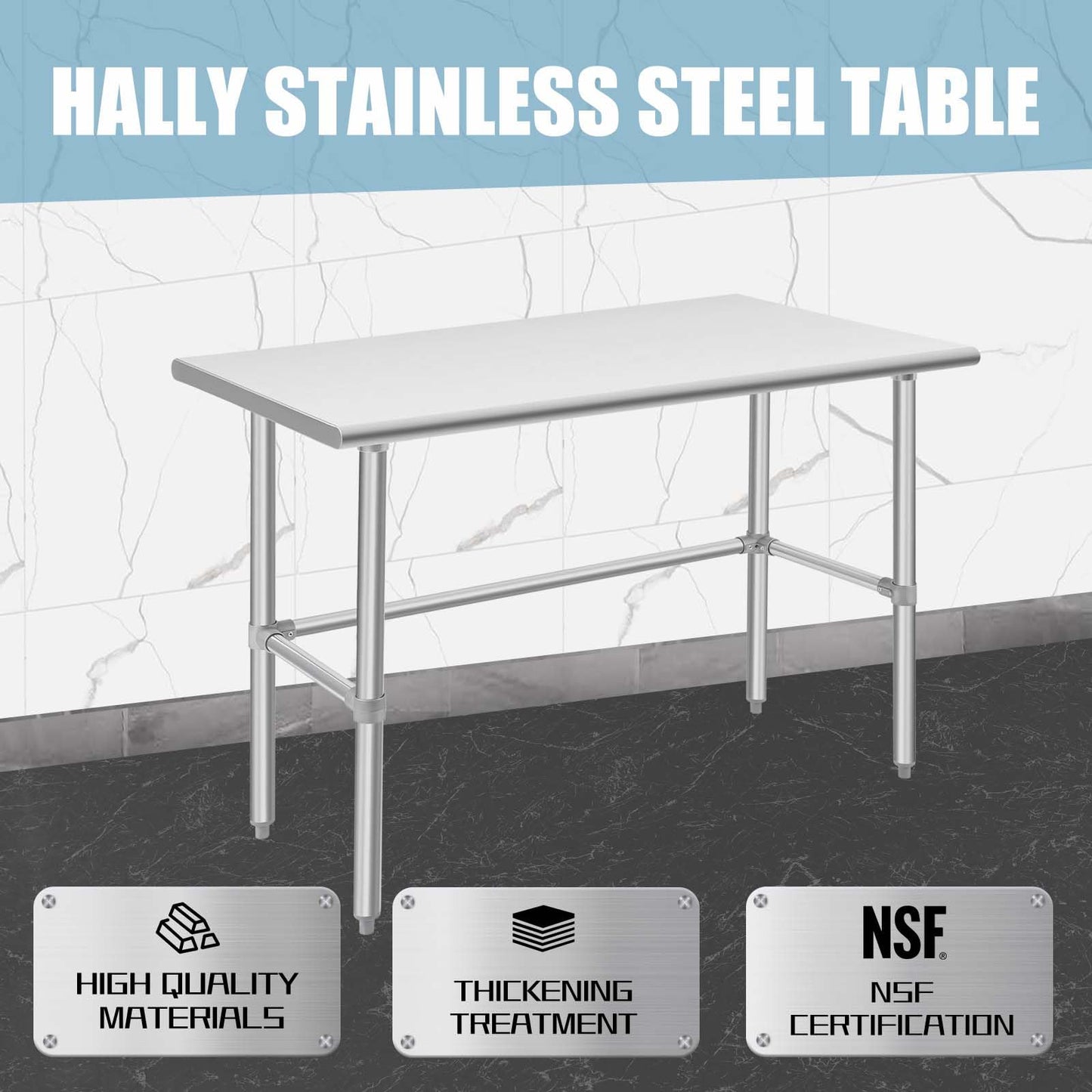 Hally Open Base Stainless Steel Table 24 x 48 Inches, NSF Commercial Heavy Duty Prep & Work Table with Galvanized Legs for Restaurant, Home and Hotel - WoodArtSupply