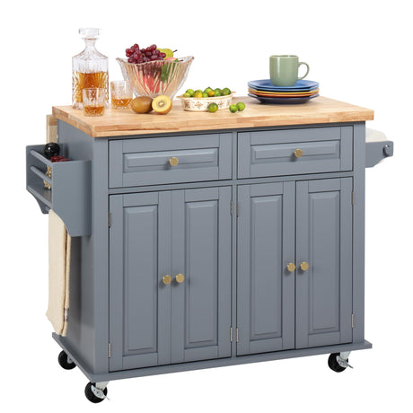 Finnhomy Rolling Kitchen Island With Drop Leaf, Thicken Rubberwood Top, Spice Rack, Towel Rack, Drawer, 43.3" Portable Mobile Kitchen Island Carts Table, Storage Cabinet, Both Wheels and Feet Included Finnhomy