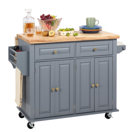 Finnhomy Rolling Kitchen Island With Drop Leaf, Thicken Rubberwood Top, Spice Rack, Towel Rack, Drawer, 43.3" Portable Mobile Kitchen Island Carts Table, Storage Cabinet, Both Wheels and Feet Included