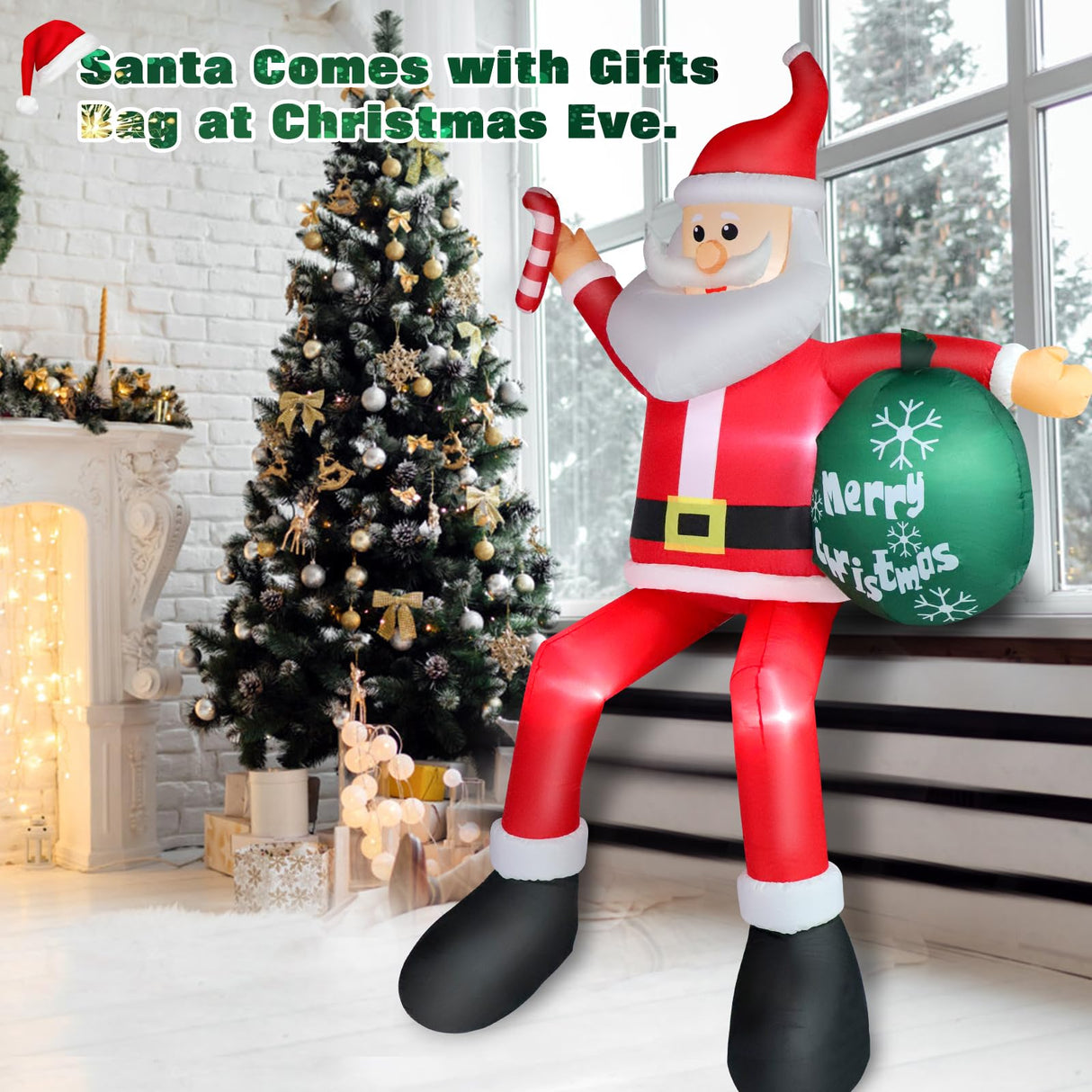 8FT Inflatable Sitting Santa Claus Christmas Outdoor Decorations, Blow Up Santa Claus with Gift Bag Sitting on Roof Wall Tree Chair, Xmas Outdoor/Indoor Decorations for Street House Patio Bench Shrubs FunFanso