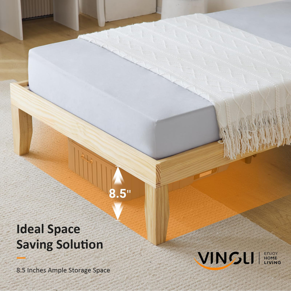 VINGLI 12 in Classic Twin Solid Wood Platform Bed Frame with Storage Space Underneath,Sturdy Wooden Bed Slat Support, Minimalist Design, No Box Spring Needed, Pine Mattress Foundation, Natural Oak VINGLI