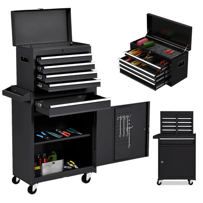 SumKea Wheels, Box, 5 Drawer Rolling Tool Chest and 2 Lockers, Detachable Storage Cabinet, for Garage Warehouse Workshop, Black - WoodArtSupply