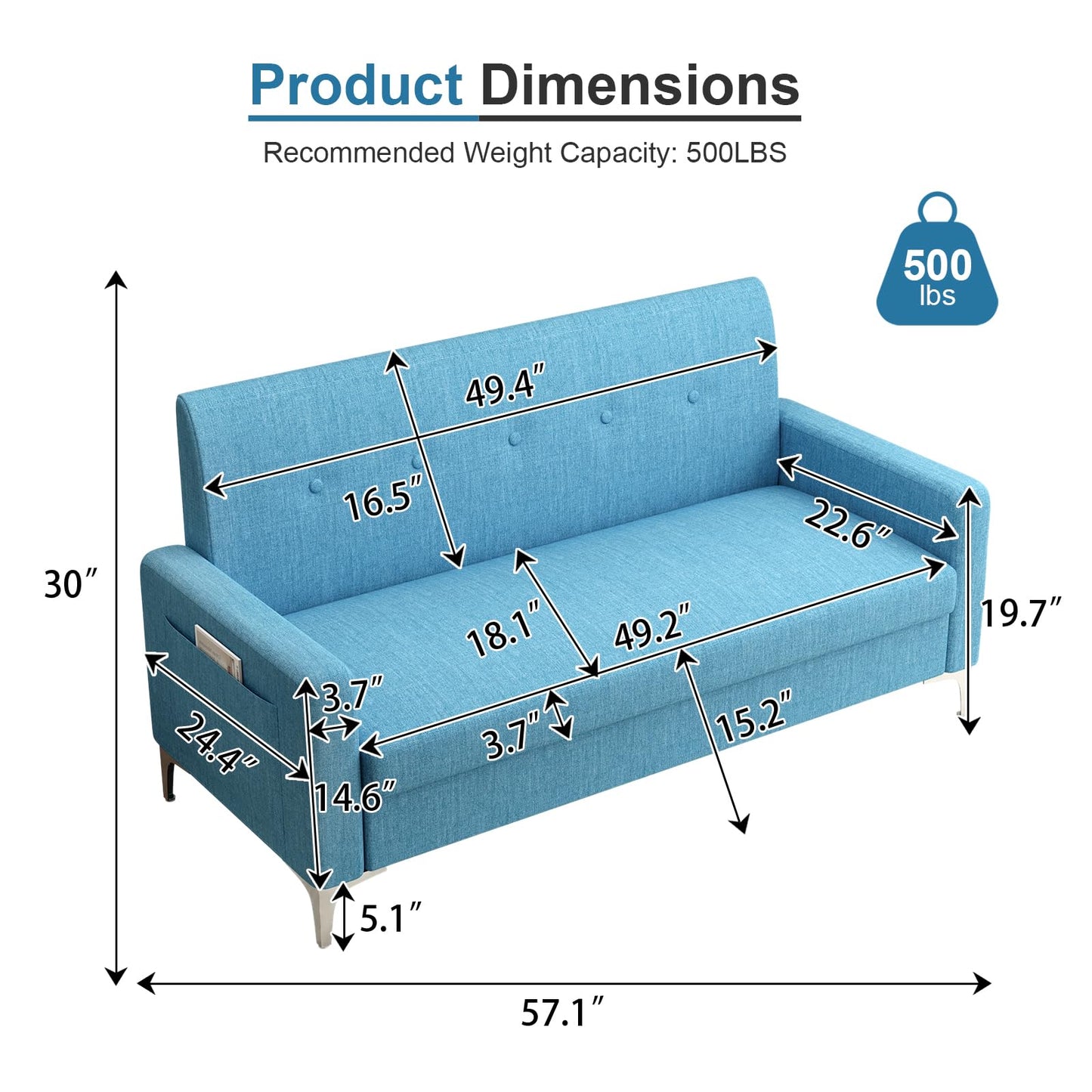 Loveseat Sofa Couch with Storage Seat, 57" Button Tufted Upholstered 2 Seat Sofa with Side Pockets, Modern Love Seat with Silver Metal Legs for Living Room, Bedroom, Office, Small Space (Blue)