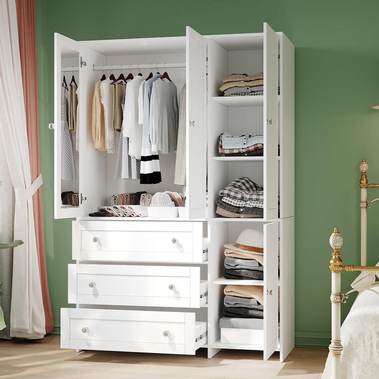 VOWNER Armoire Wardrobe Closet with Drawers and Mirror, 71" Clothing Storage Cabinet with Hanging Rod, 4 Doors Wooden Wardrobe Cabinet for Bedroom, Large Capacity Storage, White VOWNER