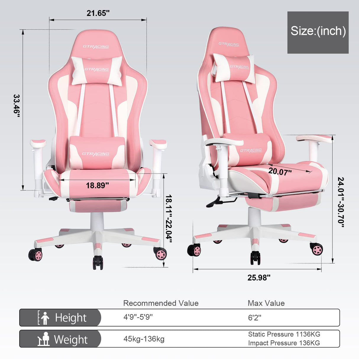 GTRACING Gaming Chair with Footrest Speakers Video Game Chair Bluetooth Music Heavy Duty Ergonomic Computer Office Desk Chair (Pink) GTRACING